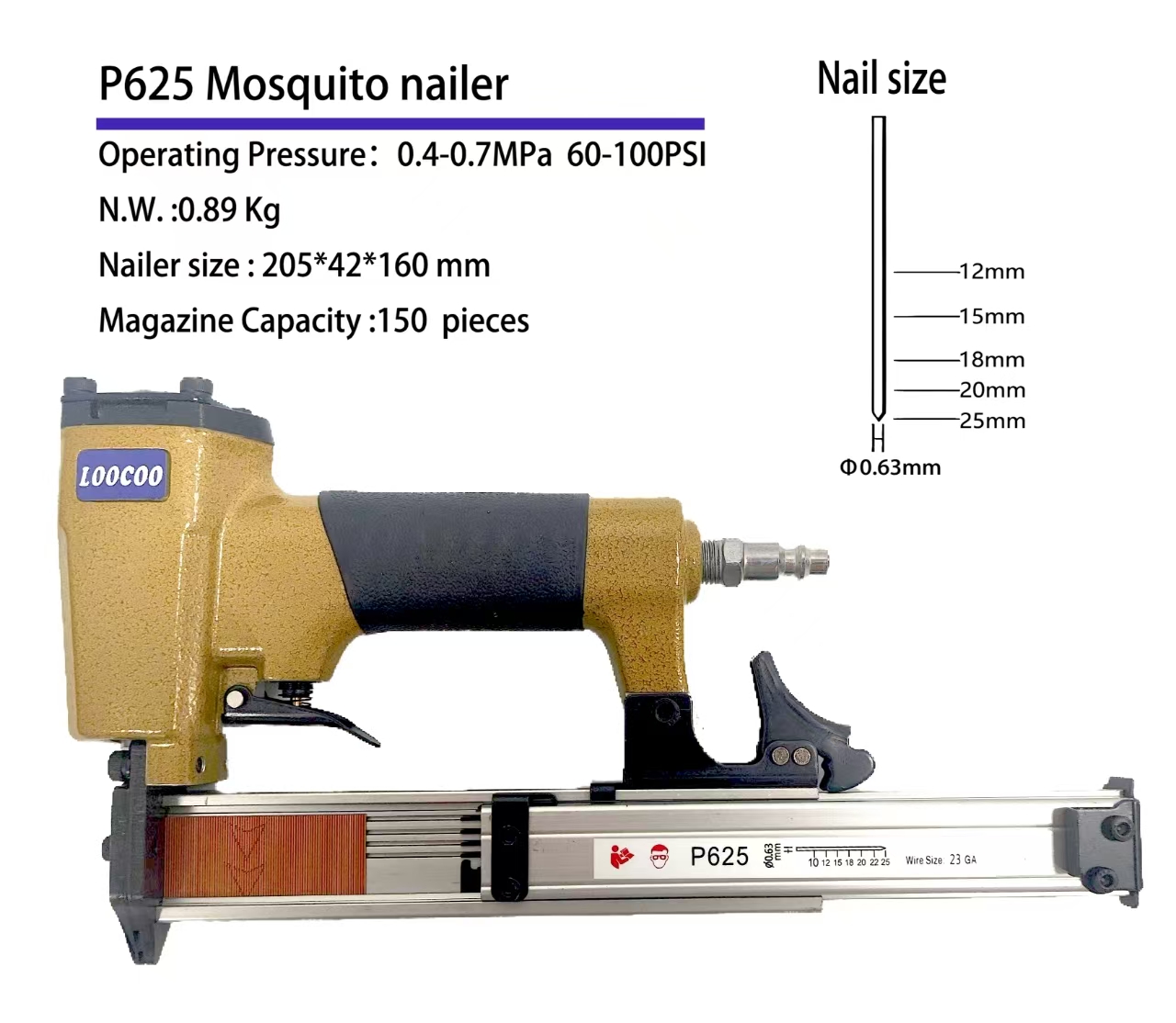 Woodworking Nail Gun - Cloueur pneumatique P625 23Ga, petit cloueur