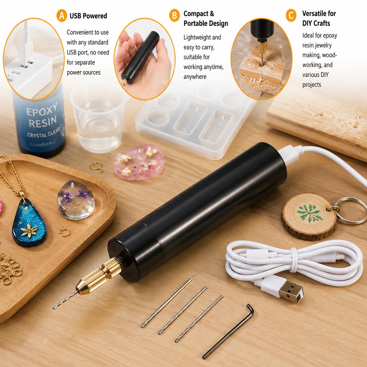 Woodworking Epoxy - Mini perceuse électrique sans fil USB,